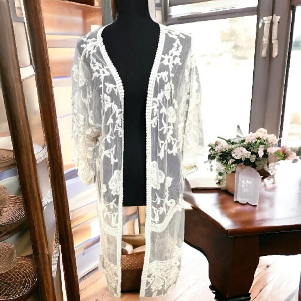 NWT Adiva Ivory Lace Open Kimono Cardigan, Women’s Size Medium